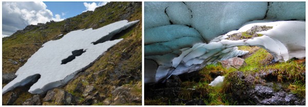 This is the view of a patch on Ben Alder from above and below. As the snow compacts, the blue colours start to show.
