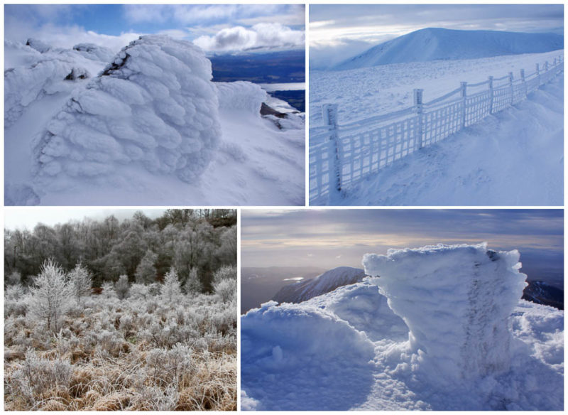 Clockwise from top left: rime on a boulder on Ben Cruachan; a rime-encrusted wire fence on Culter Fell; Ben Klibreck’s trig point doubling in size; rime in the Trossachs after freezing fog.