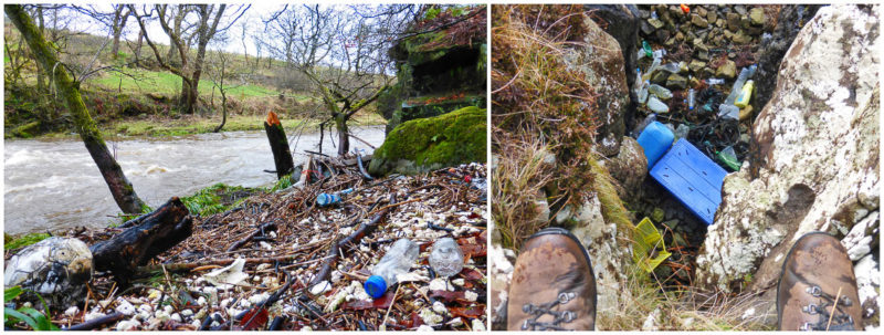 Left: Coming to a beach near you! Plastic bottles & styrofoam from the River Avon in West Lothian. Right: Plastic rubbish at Uisken, Isle of Mull
