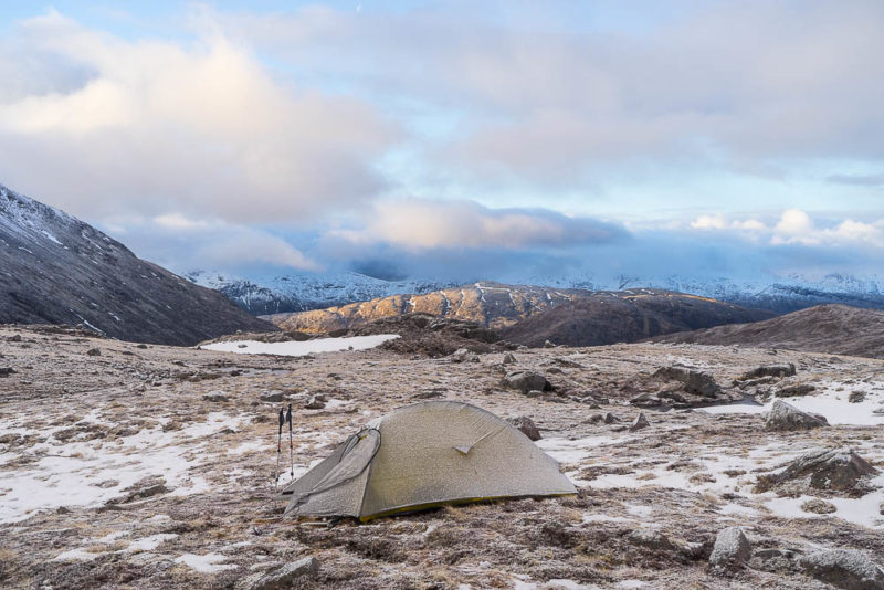 The perfect peace of first light on the Cruachan range, seen from a very frosty bealach camp in the Etive hills. It just wouldn’t be the same with some used loo roll in the picture.