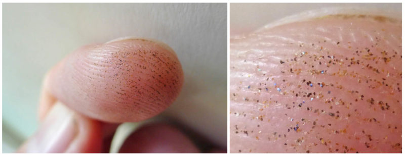 Magic dust on my finger from a small tortoiseshell butterfly. A close up shows it is made up of scales.