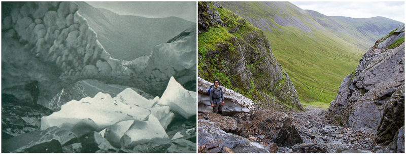 Easy Gully in September 1899 and August 2016. Former reproduced with kind permission of Scottish mountaineering club Journal.